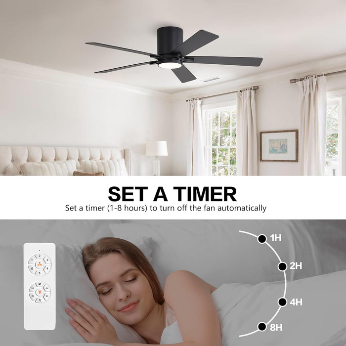 48" DC Flush Mount Ceiling Fan with Lights, 6-Speed Reversible DC Motor, 3CCT, Low Profile Hugger Ceiling Fan for Living Room Bedroom Kitchen, Black Finish and Black/Walnut Blades