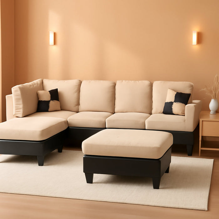 Modern 3 Piece Microfiber and Faux Leather L Shaped Sectional Sofa with Reversible Chaise & Ottoman, Large Living Room Furniture, Beige