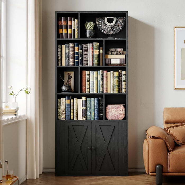 4-Tier Bookcase with Doors, Tall Storage Bookshelf, Black