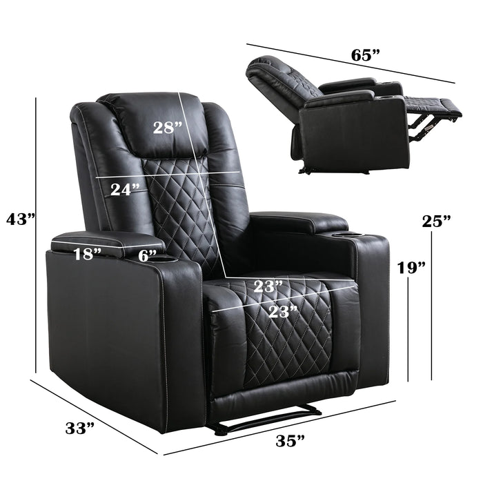 Electric Power Recliner Chair Soft Air Breathable Leather Reclining for Adults with USB Ports and Cup Holders, Black Home Theater Seating with Hidden Arm Storage Movie & Media Room Chairs