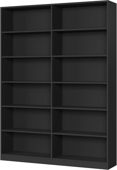 Bookshelf and Bookcase, 6-Tier Double Wide Bookshelves, Freestanding Display Storage Shelves, Tall Bookcases for Home Decor Bedroom, Living Room, Home Office,Black