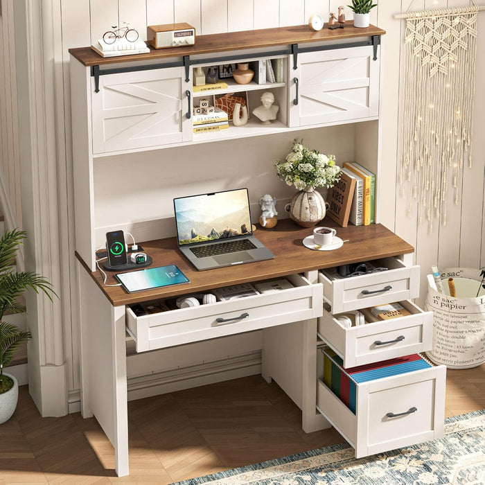 Farmhouse 67" H Executive Desk with Hutch,Computer Desk with Charging Station,Office Table with LED Light and 4 Drawers,File Drawers and Storage Cabinet,Workstation for Home Office.Unique White