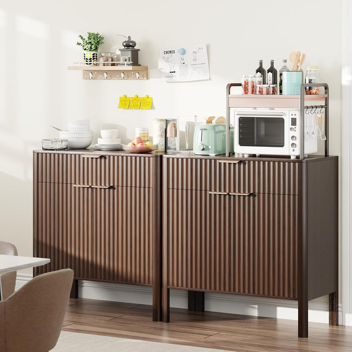 Fluted Buffet Cabinet Accent with Doors & Drawer 31" Walnut | Anti-Tipping Design, Scratch & Water-Resistant, Pre-Drilled Easy Assembly Versatile for Kitchen, Entryway & Living Room