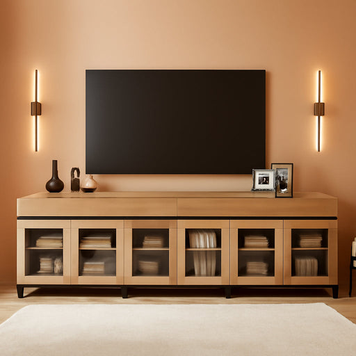 Modern TV Stand with Glass Doors for 120 Inch Tvs, 4 in 1 Entertainment Center Console with 4 Drawers and Metal Base for Living Room, Bedroom, Oak