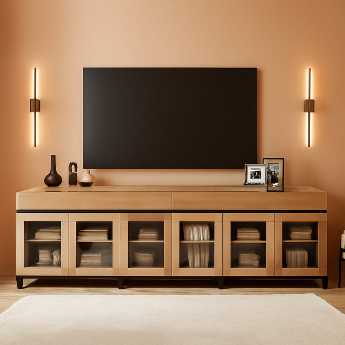 Modern TV Stand with Glass Doors for 120 Inch Tvs, 4 in 1 Entertainment Center Console with 4 Drawers and Metal Base for Living Room, Bedroom, Oak