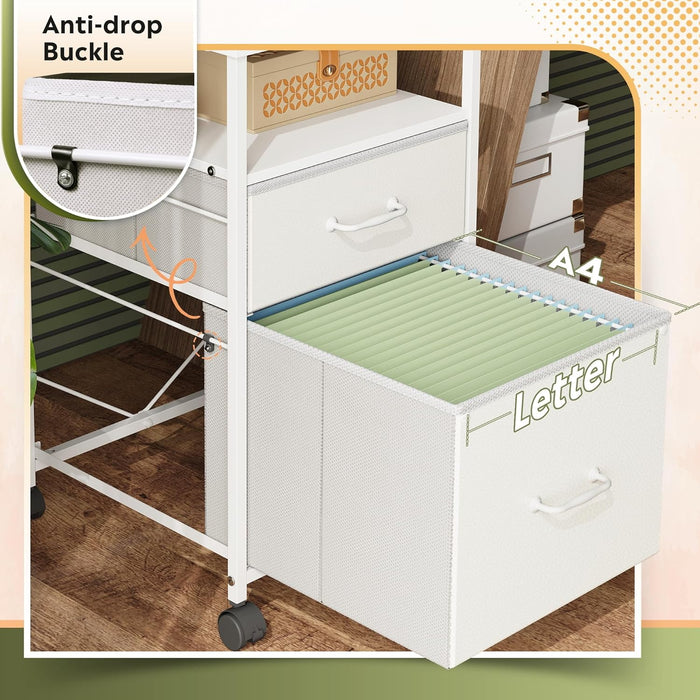 2 Drawer Fabric Vertical Filing Cabinet, Rolling Printer Stand, White