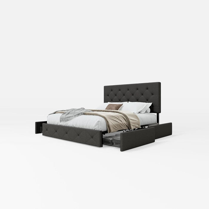 Upholstered Queen Size Platform Bed Frame with 4 Storage Drawers, Adjustable Headboard with Diamond Stitched Button Tufted Design, Wooden Slat Support, No Box Spring Needed, Dark Grey