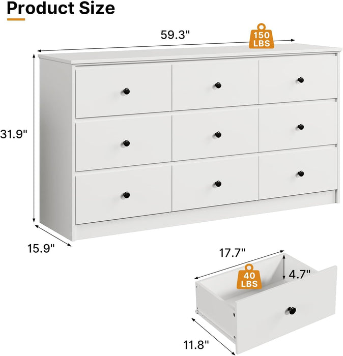 PureWhite Nine Drawer Dresser 59 Inches StorageBin