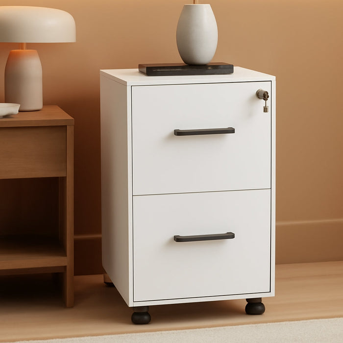 File Cabinet, Pre-Assembled except Wheels and Handles, Office Filing Cabinet with Lock, for A4, Legal, Letter Sized Documents, 17.7 X 14.4 X 25.4 Inches, Matte White UOFC112W01