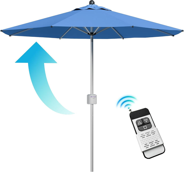 9 FT Motorized Patio Umbrella, Remote Outdoor Umbrella with Heavy Duty Aluminum Frame, Removable Power Bank and Push Button Tilt for Backyard, Pool, Garden, Beach, Blue