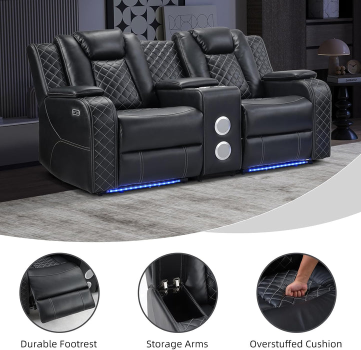 Home Theater Seating Seats, Power Loveseat Recliner Sofa with Center Console, Game Movie Reclining Couch with Ambient Lighting, Cup Holder, USB Ports, Bluetooth Speakers for Living Room, Black