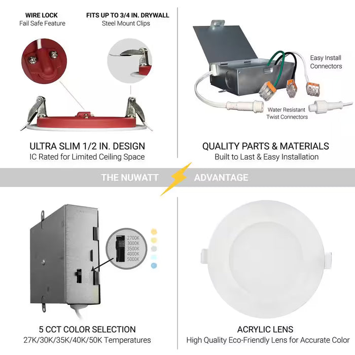 6 In. Fire Rated White round Slim Canless Integrated LED Recessed Light 15W 5 CCT 2700K-5000K Dimmable IC Rated (6-Pack)