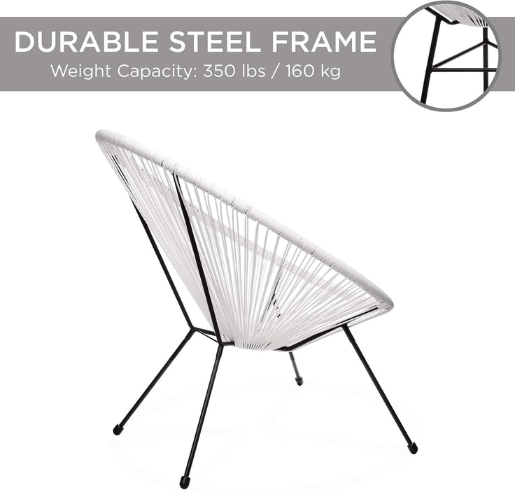 3-Piece Outdoor Acapulco All-Weather Patio Conversation Bistro Set W/Plastic Rope, Glass Top Table and 2 Chairs - White