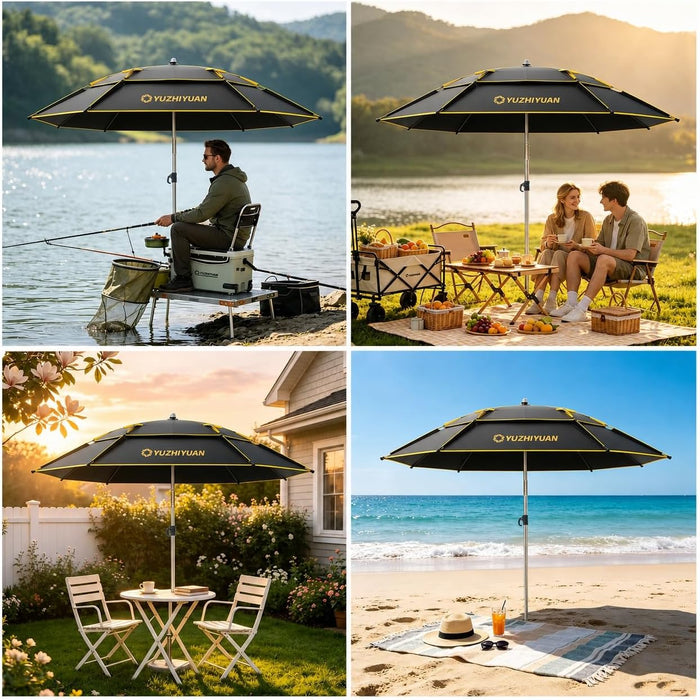 Patio Umbrella with Exclusive Black Coating, 7.2Ft/7.8Ft Heavy-Duty Double-Layer Nylon Canopy, Adjustable Tilt Sun Shade Outdoor Table Umbrella, UV Protection & Carry Bag for Beach, Fishing, Backyard