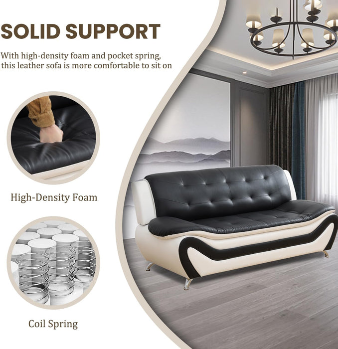 Faux Leather Sofa Couch Set, Living Room Sofa and Loveseat Set, Leather Couch and Loveseat Set for Living Room Office Home (2 Piece Leather Living Room Set, White&Black)