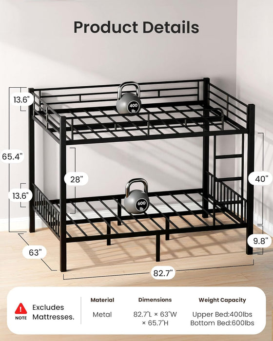 Queen over Queen Bunk Bed for Adults & Teens, Heavy Duty Metal Bunk Bed with EVA Anti-Slip Ladder & Full-Length Guardrails, Noise-Free Queen Bunk Bed Frame with Under-Bed Storage, Black
