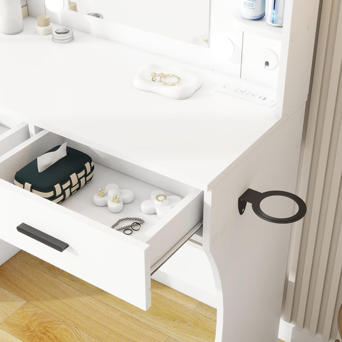 Vanity Desk Set with Mirror, LED Lights and Power Outlet Makeup Table with 2 Large Drawers and round Holder, Dressing Table with Cushioned Stool for Bedroom, Dressing Room (White)
