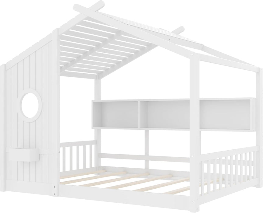 Full Size White PlayhouseStorage Bed Enclosed Roof