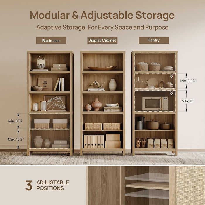 71" Tall Bookcase 5 Tier Rattan Bookshelf with Doors for Library | Farmhouse Storage Book Shelf with Adjustable Shelves Large Book Case Bookshelves for Living Room Home Office Bedroom Kitchen