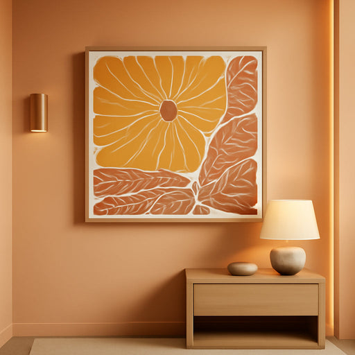 Framed Boho Abstract Floral Wall Art for Living Room, Square Orange Flower Canvas Artwork for Walls, Mid Century Modern Bohemian Pictures Wall Decor for Bedroom Dining Room Hallway Office, 24X24 Inch