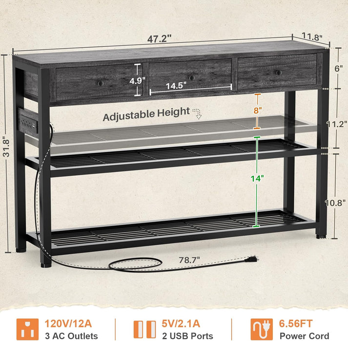 47'' Entryway Table with Outlets and USB Ports, Console Table with 3 Drawers, Sofa Table Narrow Long with Storage Shelves for Living Room, Couch, Hallway, Foyer, Kitchen Counter, Grey