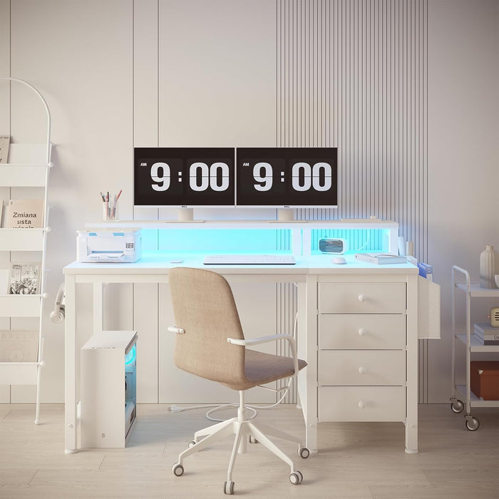White Desk with 4 Drawers - 47 Inch Gaming Desk with Monitor Stand, Computer Gaming Desk with LED Lights Power Outlets and Storage Bag Fabric Drawer for Home Office, Bedroom, White