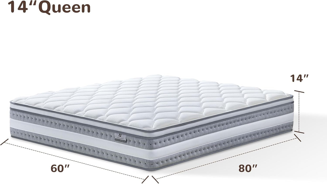 Queen Mattress, 14 Inch Hybrid Mattresses in a Box, Individually Wrapped Pocket Coils for Isolate Motion, Gel Memory Foam, Medium Firm Support, Pressure Relief, Certipur-Us