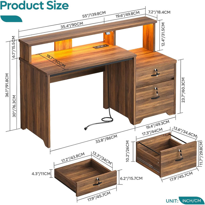 55 Inch Wood Computer Desk with Lockable File Drawer, Charging Station & LED Lights - Home Office Desk with Storage Shelves, Printer Shelf & Monitor Stand, Wooden Desk for Study & Work, Walnut