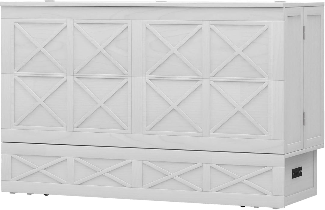 Solid Wood Murphy Bed without Mattress: Solid Wood Queen Murphy Bed with Storage Drawer and Built-In USB Charging Station, Hidden Bed Furniture for Multipurpose Area, Diamond Ivory White-22