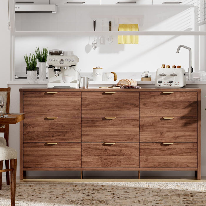 Fluted Dresser for Bedroom with 9 Drawers, 63" Modern Chest of Drawers, Dresser TV Stand, Wood Drawer Organizer for Living Room, Hallway, Chestnut