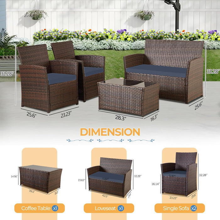4 Piece Outdoor Patio Furniture Sets, Wicker Sectional Conversation Sofa Set, Rattan Table and Chairs and Loveseat with Cushions for outside Balcony Porch Backyard (Brown-Blue)