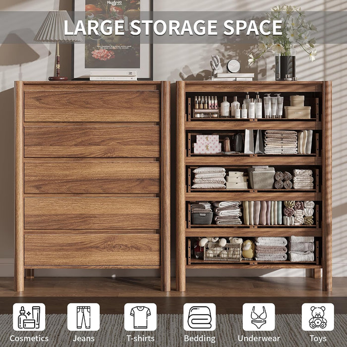 45" Tall Walnut 5 Drawer Dresser for Bedroom with Solid Wood Legs