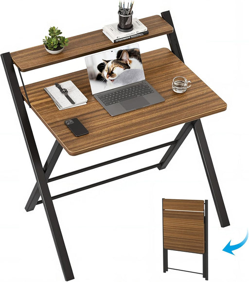 No Assembly Folding Desk, 2-Tier Compact Computer Desk with Shelf, 30 Inch Space Saving Foldable Table for Home Office, Dorm or Apartment, Portable Collapsible Sturdy Laptop Desk, Espresso