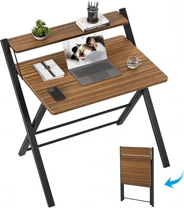 No Assembly Folding Desk, 2-Tier Compact Computer Desk with Shelf, 30 Inch Space Saving Foldable Table for Home Office, Dorm or Apartment, Portable Collapsible Sturdy Laptop Desk, Espresso