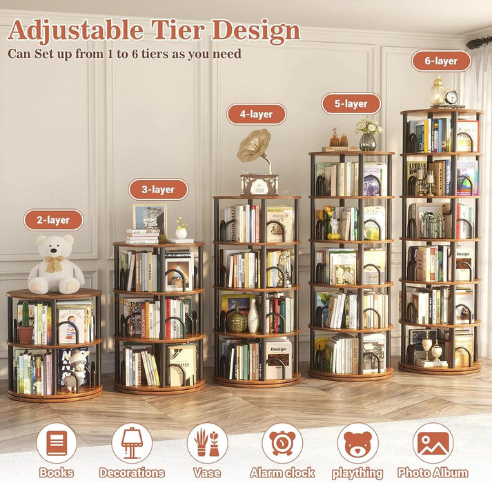 6 Tier Rotating Bookshelf Tower, Revolving Bookcase, 360° round Spinning Book Shelf, Narrow Swivel Bookshelves Vertical Turning Corner Bookshelf Organizer for Small Space, Rustic Brown