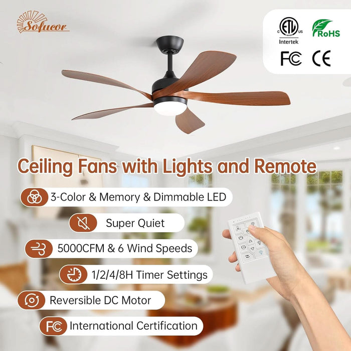 52 Inch Smart Ceiling Fan with Light, Modern Ceiling Fan with Dimmable Memory LED, Compatible with Alexa/Google/App, 6 Speeds 5000CFM, Timer Quiet Reversible DC Motor, ABS, FCC/ETL, Brown
