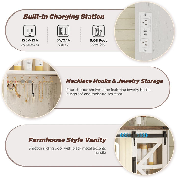 Farmhouse Makeup Vanity with Sliding Cabinets, White Vanity Desk with Lights Mirror and Power Outlet, Rustic Dressing Table with 4 Drawers&2 Storage Cabinets for Bedroom