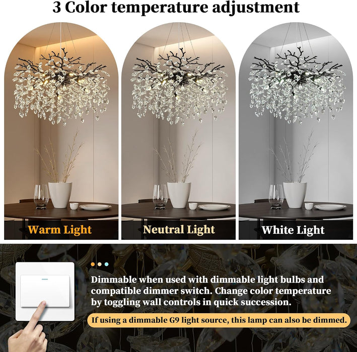 31.5" Tree Branch Chandelier Black 10-Light Crystal Chandelier