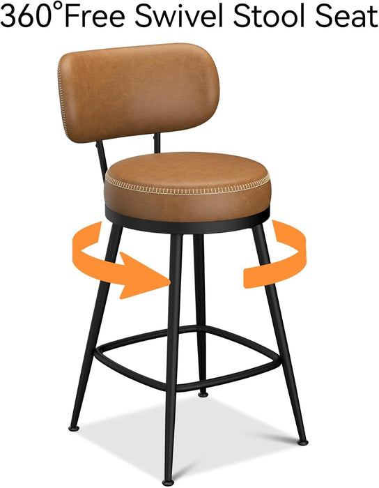Bar Stools Set of 2, Faux Leather 26" H Swivel Counter Height Barstools with Back, Mid Century Modern Bar Stools with Stylish Stitching for Kitchen Island, Metal Base, Saddle Brown