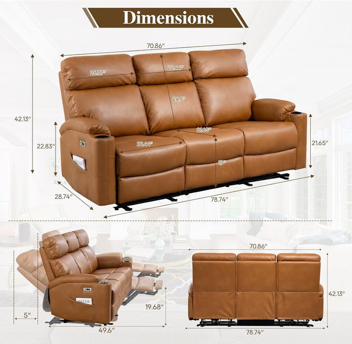 Power Reclining Sofa, Electric 3-Seat Dual Recliner Sofa with USB Ports, Cup Holders, Wall Hugger Sofa & Couch for Living Room Home Theater Apartment RV (Brown)