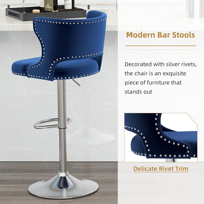 Bar Stools Set of 4, Velvet Swivel Adjustable Barstools with Hollow Back, Rivet Trim and Stable Chrome Base, Upholstered Counter Height Bar Stools for Kitchen Island, Blue