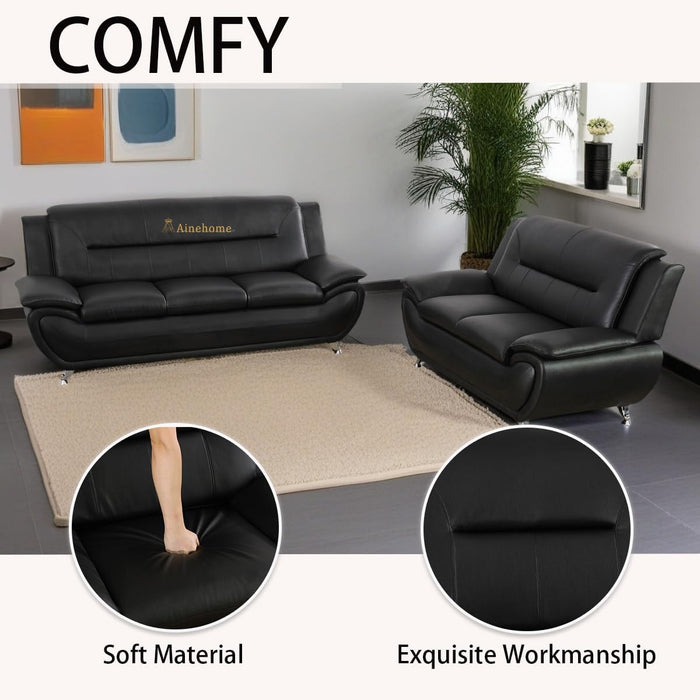 Sectional Sofa Sets, Living Room Furniture Sets Modern Faux Leather Sofa Couch 5-Seat Sofa for Living Room(A-Black, Sofa+Loveseat)