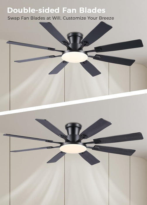 60Inch Ceiling Fan with Lights and Remotes, Large Low Profile Flush Mount Ceiling Fans,Dc Reversible Motor, 3CCT Dimmable,Noiseless,Dual Finish, Black 6 Speeds Ceiling Fan for Indoor/Outdoor