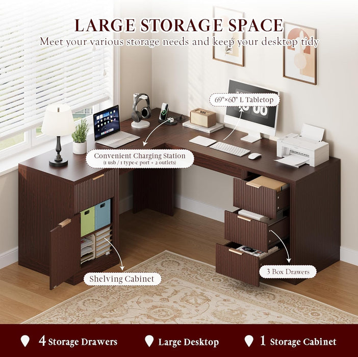 69" Executive L Shaped Desk, Wood Corner Executive Computer Desk with Power Outlets & Storage Drawers, Large Office Desk Workstation for Home, Dark Walnut