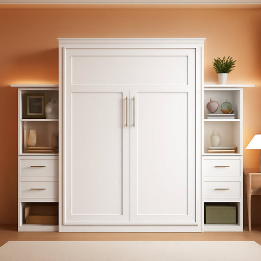 Full Murphy Bed with Storage Drawers,Led Lights and Storage Bookcase Shelves,Wood Murphy Wall Bed Cabinet for Adults