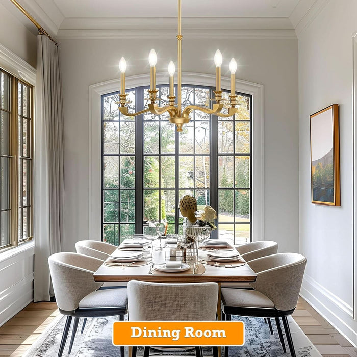 Gold Chandeliers for Dining Room, 25.5 Inch Vintage Gold Chandelier Light Fixture over Table, Farmhouse Candle Chandeliers, 5-Light Brass Chandeliers for Kitchen, Bedroom, Living Room (E12 Base)
