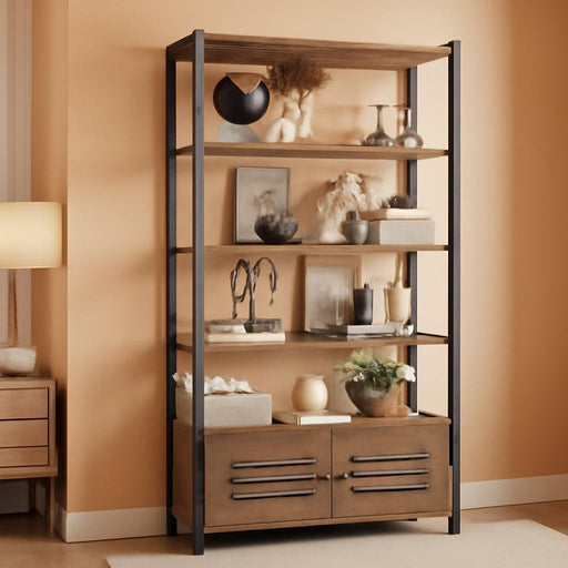 Vintage Brown Bookshelf With Louvered Doors 27Point6InchesWide