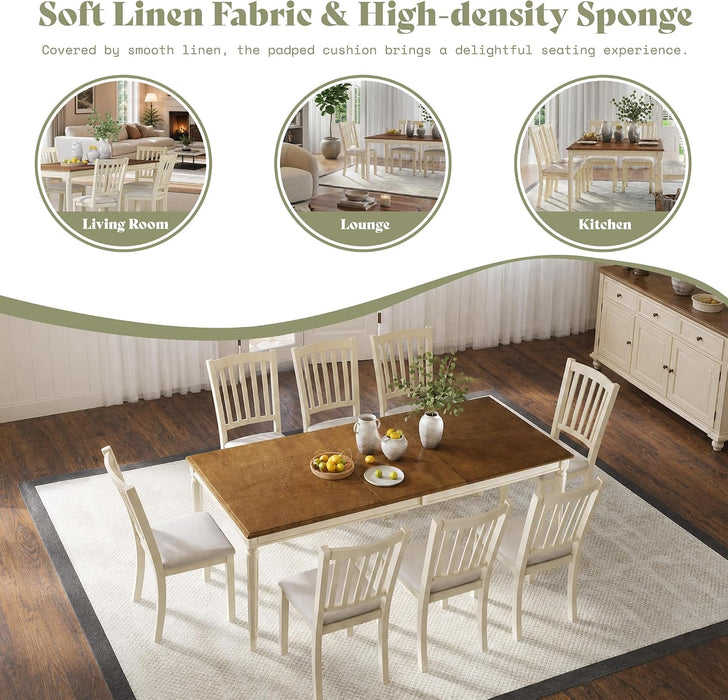 Set of 8 Farmhouse Dining Chairs with Upholstered Seats, Cream