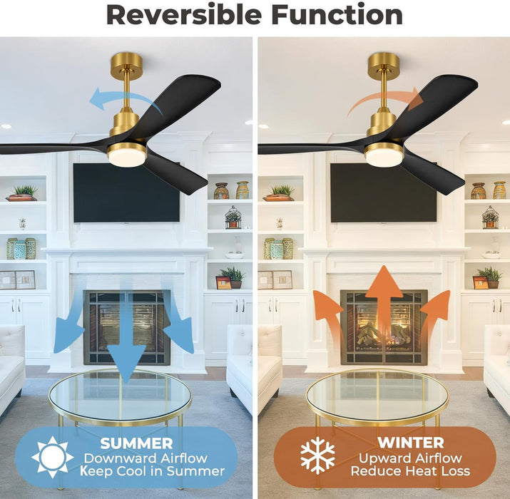 52 Inch Smart Ceiling Fan with Lights,Outdoor Ceiling Fan 3 Wood Blades Compatible with Alexa/Gg Voice Control&App&Remote,Quiet DC Motor for Covered Patio Porch Bedroom,Black and Gold