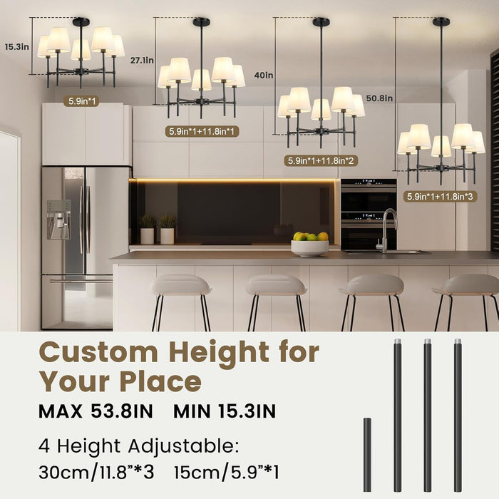 Dining Room Chandeliers Light - 5-Light 25.6 Inch Black Modern Chandeliers Light Fixtures with White Fabric Shade, Height Adjustable Pendant Island Lights for Entryway Farmhouse